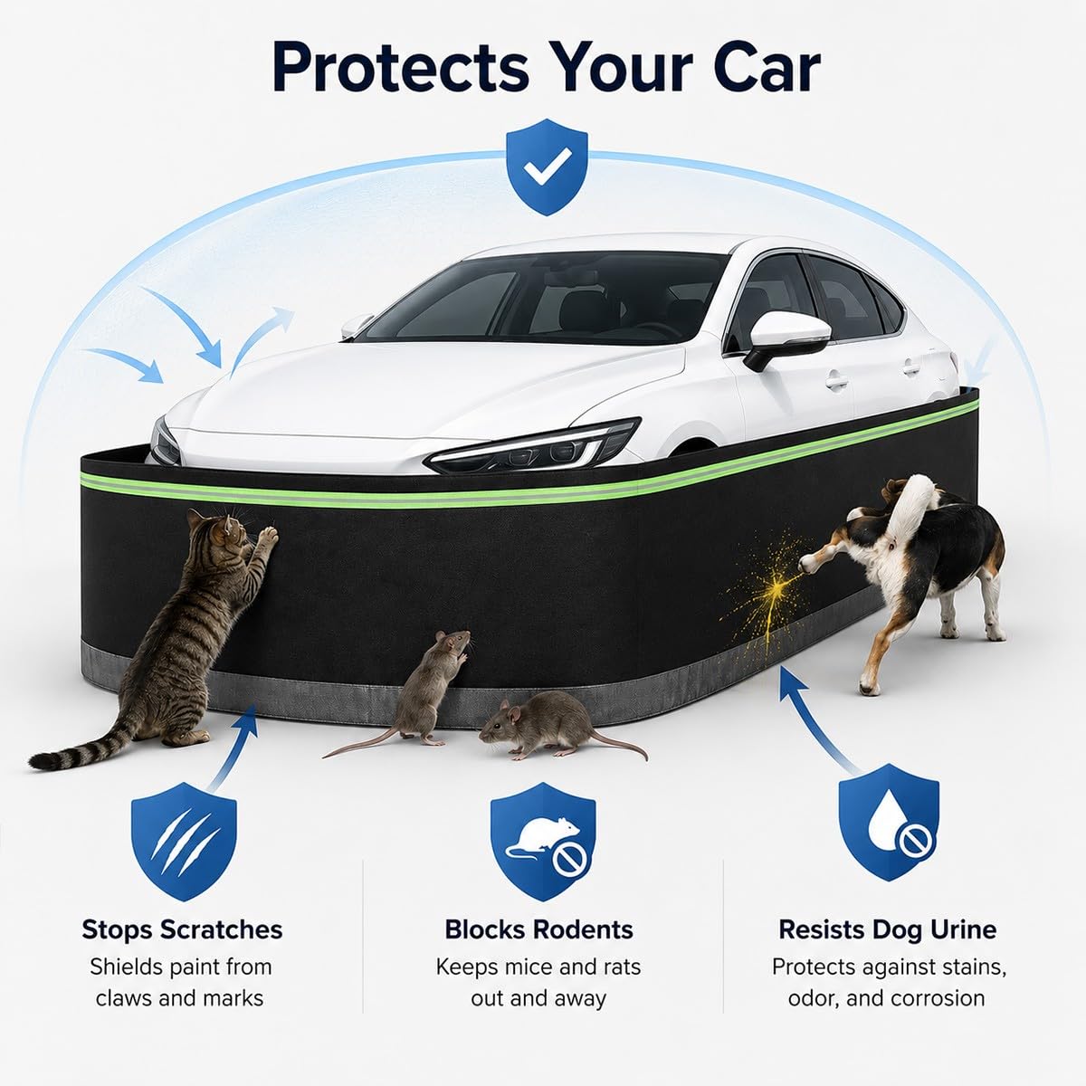Anti Rodent Car Skirt Guard z odblaskowym paskiem Chroni dolną część ciała przed myszami szczury Pet Scratches Dog Urine Łatwa instalacja Bariera parkingowa dla sedana SUV Hatchback 10m do 16m Perimet