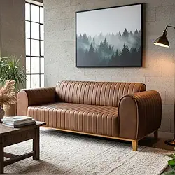 Sofá Living Átila, 2,10 Metros, Design Retrô. (Couro - Caramelo)