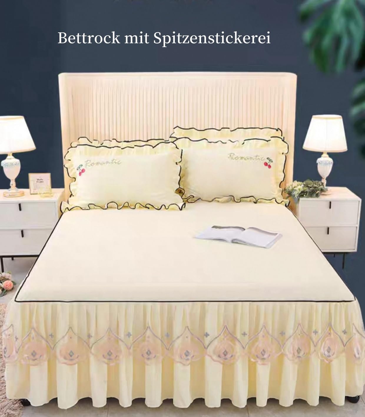 Bettrock Mit Spitzenstickerei Betthusse Einfarbig Elasthan Weich und bequem rutschfest durch elastisches Band Waschbar für 45cm Hohes Bett Für alle Jahreszeiten geeignet(E,180x200cm)