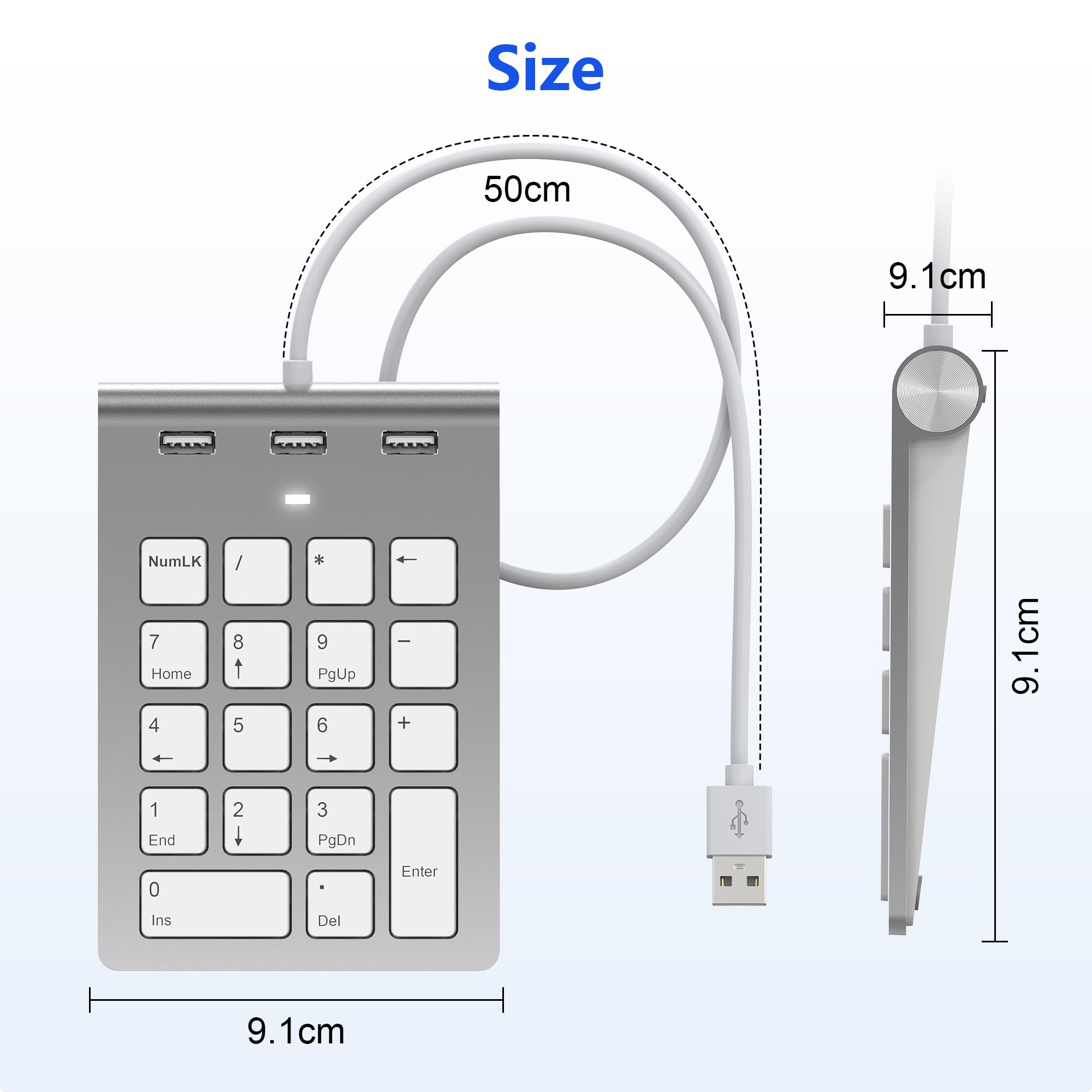 Tastierino Numerico USB - Cablato Tastierino Numerico con 3 USB Hub-480Mbps, Mini Tastiera Sottile con Filo, Cavo da 0,5 m, 18 Tasti Tastiera Numpad Portatile Calcolo per Laptop PC Desktop Surface Pad