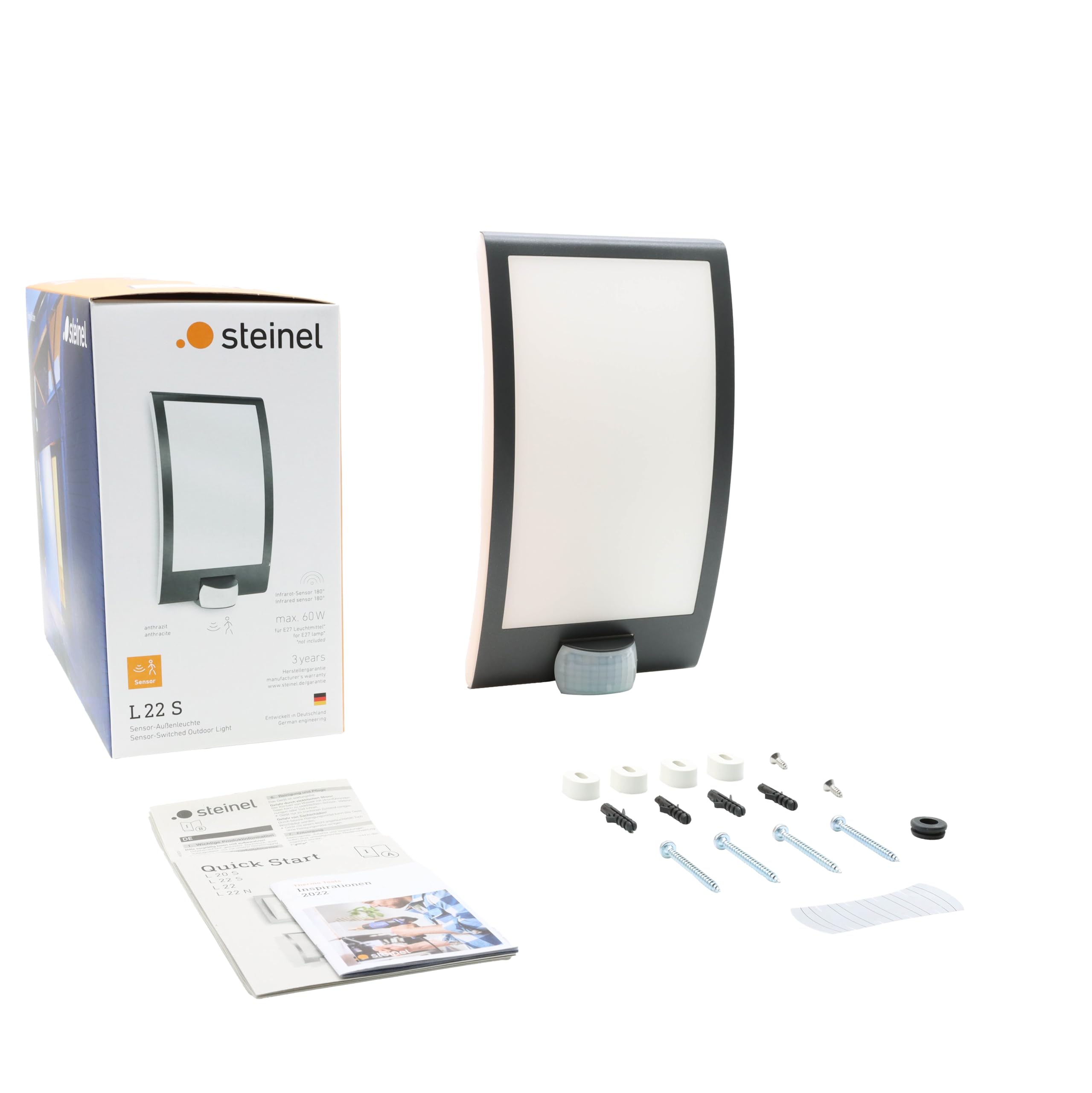 Steinel Applique murale avec détecteur de mouvement L22 gris anthracite - Luminaire extérieur avec capteur de présence portée 10m - Lampe extérieure 60 W