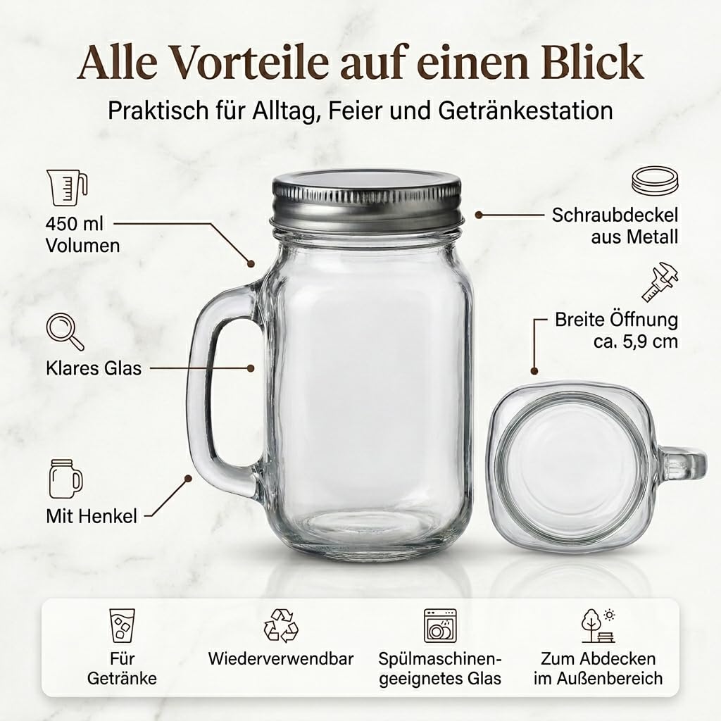 gouveo Set da 12 bicchieri in vetro con manico e coperchio (0,45 l) tappo a vite argento bicchieri alti per bevande fredde e servizio tavola (TGH450S)