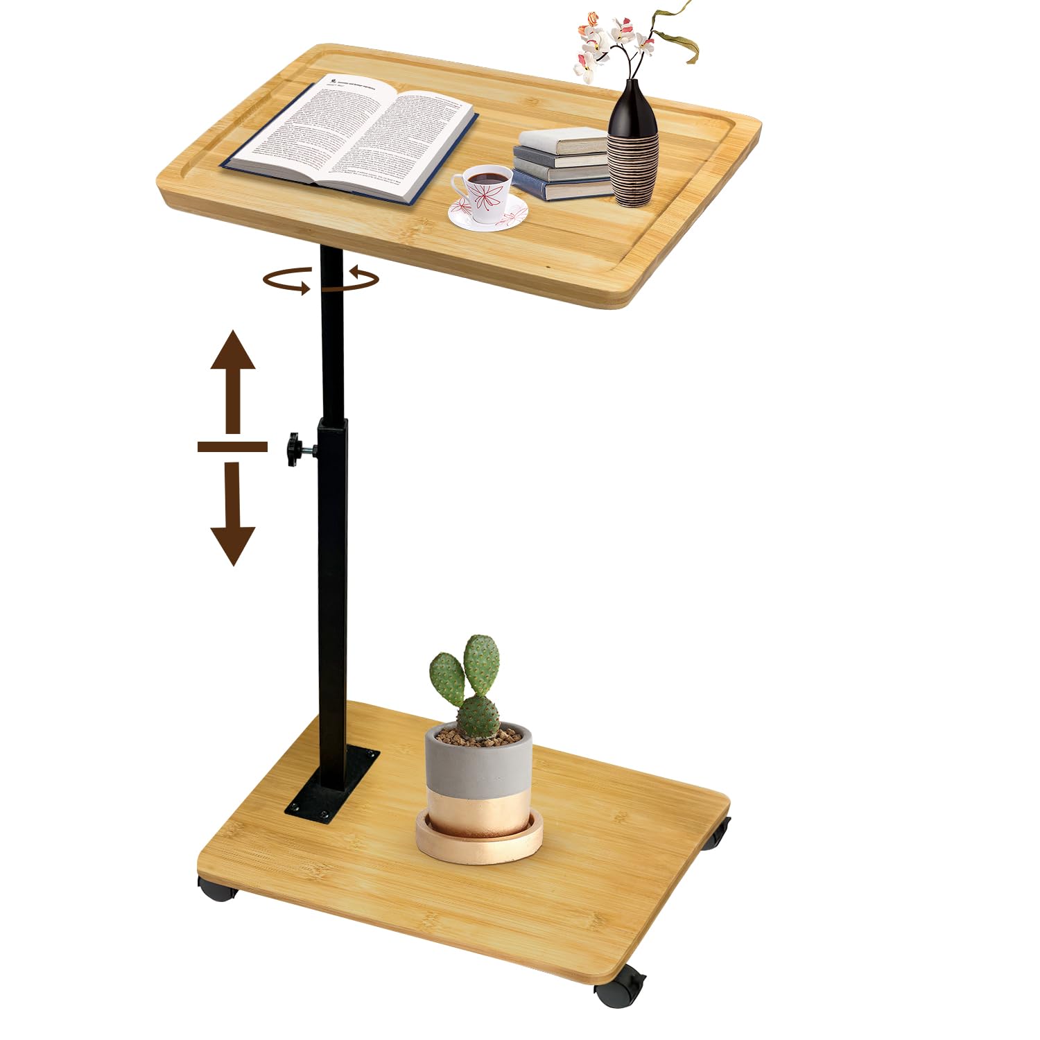 Tavolino Laterale Forma C in Bambù e Metallo Moderno Altezza Regolabile con Rotelle - per Letto, Divano, Comodino - Soggiorno, Camera da Letto, Bagno