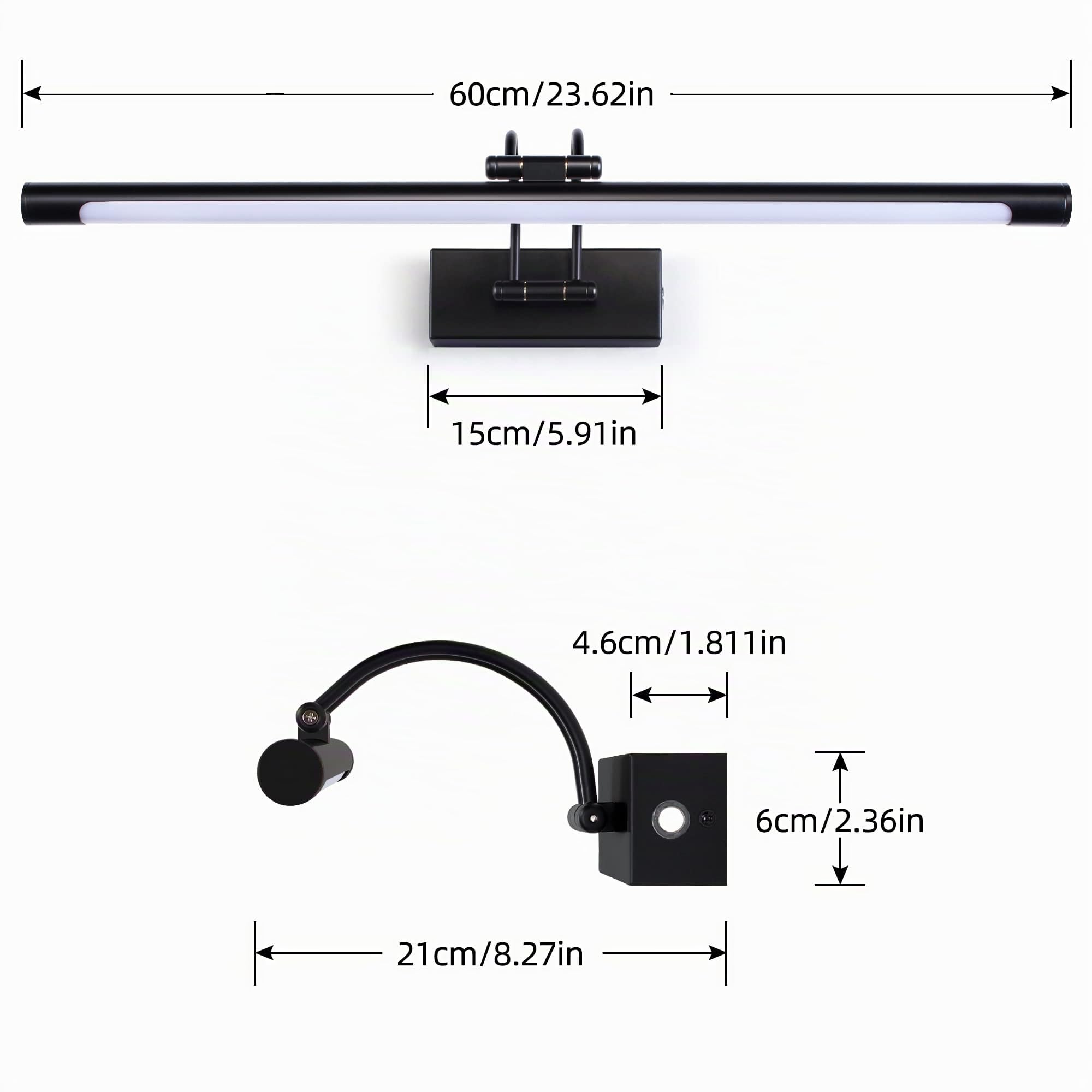MantoLite LED Regulable Lámparas de Pared 15W,60CM Interior Iluminación para cuadros y expositores Cabeza Giratoria Lectura Lámpara,Negro Baño Espejo Apliques de Pared 3000K/4000K/6000K