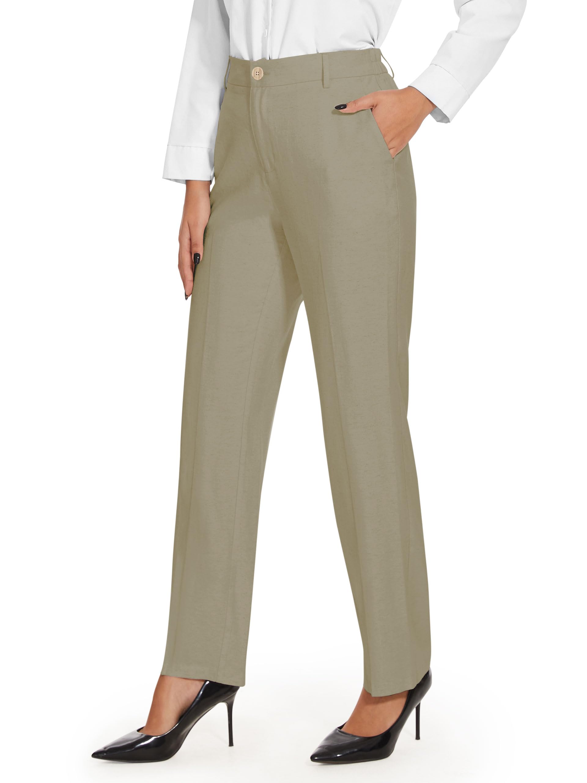 Tapata Women's 28"/30"/32"/34" Straight Linen Dress Pants with Pockets Tall, Petite, Regular for Office Work Business
