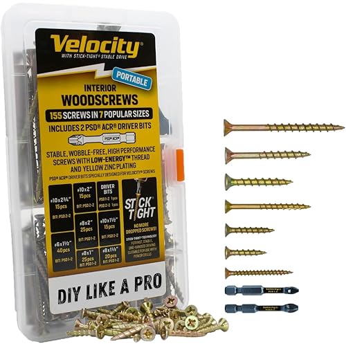 Velocity Interior Wood Screws Assortment Kit in 7 Sizes, Stick Tight Technology, Zinc Plated Carbon Steel, Includes 2 PSD ACR Drive Bits, Set Screw Assortment Kit Storage Organizer (155 Pieces)