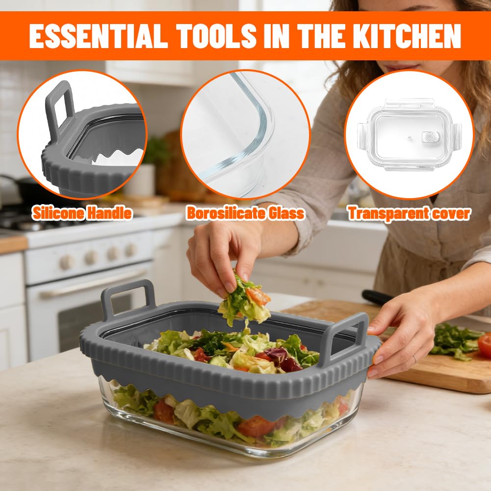 Pirofila Airfryer per Ninja & Cosori | Stampo in vetro con coperchio e manici rimovibili | Resistente al calore per accessori Ninja Airfryer AF400EU/AF500EU/SL400EU | Lavabile in lavastoviglie (grigio