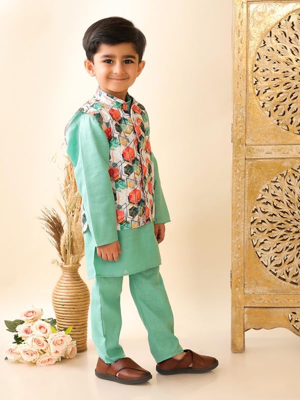 Superminis Boys Cotton Printed Gota Work Kurta Pyjama with Jacket Ethnic Wear Set