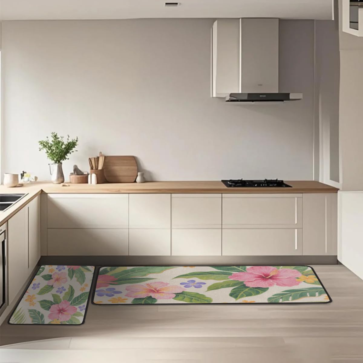 Anti Fatigue Tropical Hibiscus Bloom Kitchen Mats for Floor 2 Piece Set, Waterproof Non Slip Boho Kitchen Floor Rugs, Comfort Standing Mat for Sink Laundry & Home Kitchen 17"x47"+17"x29"