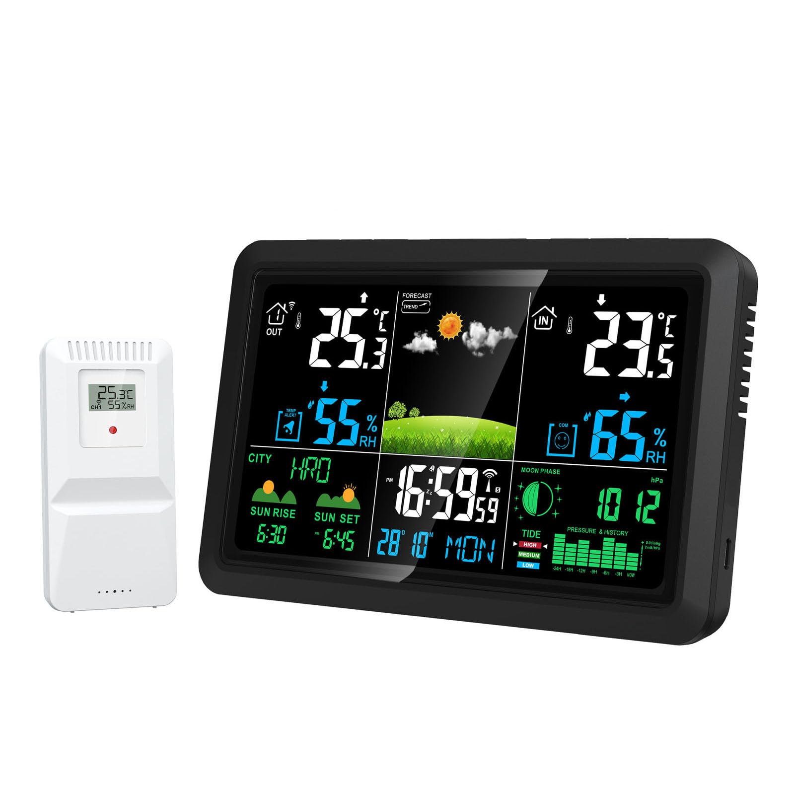 Stazione Meteorologica Wireless per Interni Esterni, Termometro Digitale con Display a Colori con Orologio Atomico, Previsioni Meteo, Monitoraggio dell'umidità della (Spina europea 220 V)
