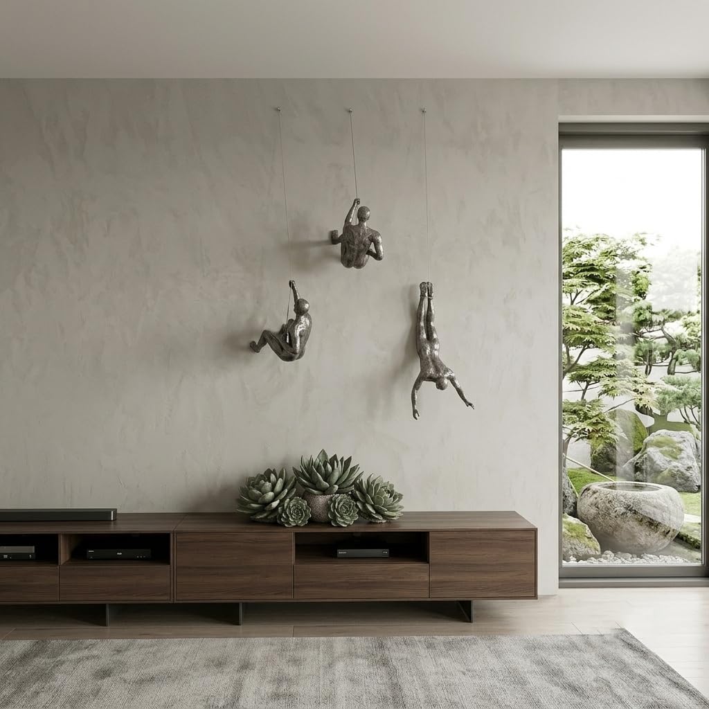 Wanddeko Wohnzimmer Kletterer Skulptur Deko 3 Männer Ornamente | Minimalistische Wandskulpturen Deko aus Kunstharz, Elegantes Wanddekoration für Flur Treppenhaus & Treppenhaus