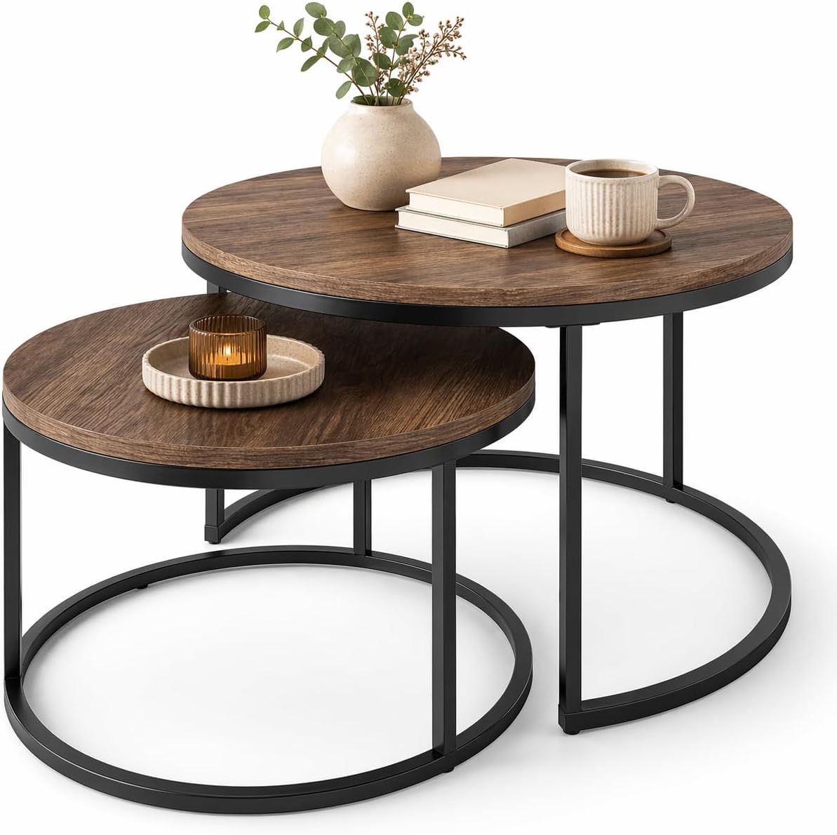 Round Coffee Table Set of 2, Multi-functional Side Table Nesting Table with Steel Frame and Wooden Top, for Living Room, Bedroom, Balcony, Dark Walnut, Easy Assembly, 80x45cm & 60x35cm