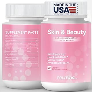 Complejo de piel y belleza para mujeres | Iluminador de la piel, salud del cabello y las uñas, salud celular, soporte antioxidante, vegano, sin OMG, fabricado en Estados Unidos, 90 porciones