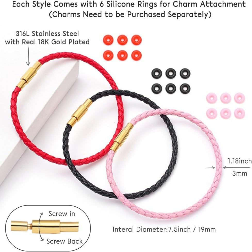 Red Bracelets for Women Adjustable Charm Bracelet Braided Leather & 316L Stainless Steel with 18k Gold Plated Lucky Bracelets for Women, Red Pink Black String Bracelet Gifts for Women - Image 4