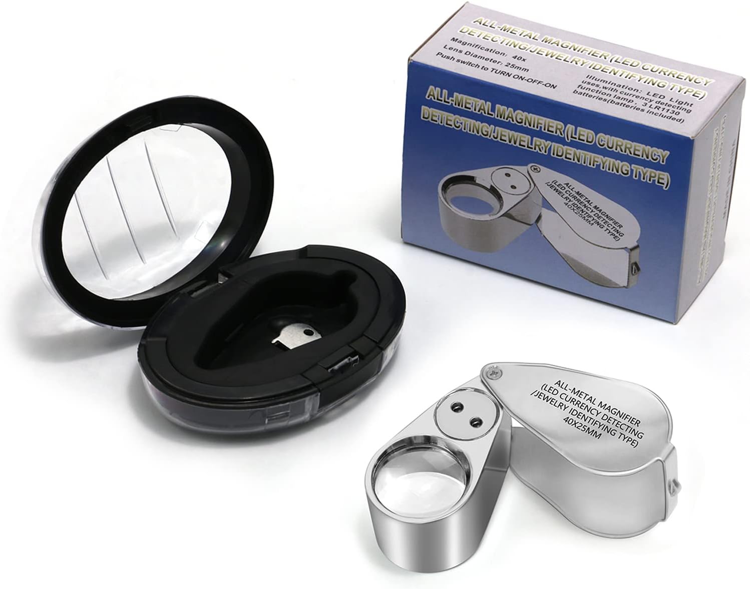 40X Full Metal Illuminated Jewelers Eye Loupe Magnifier, Small Pocket Folding Magnifying Glass Jewelry Loop with LED for Gems, Jewellery, Coins, Map, Stamps, Currency Detect, Elders Gift, 1'' Lens Dia : Arts, Crafts & Sewing