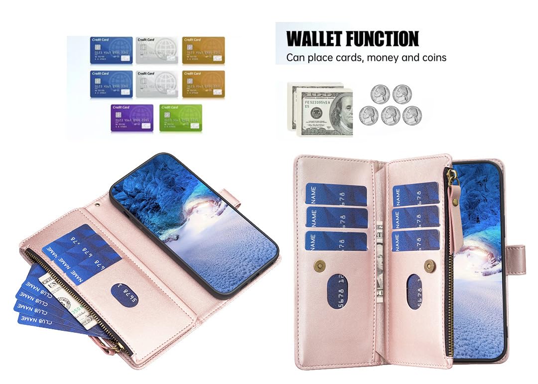 Pokrowiec z portfelem do Samsung Galaxy S25 Ultra/S25 Plus/S25, duża pojemność kieszeń na karty etui pasek na nadgarstek powłoka zapobiegająca upadkowi, różowy, S25 Ultra