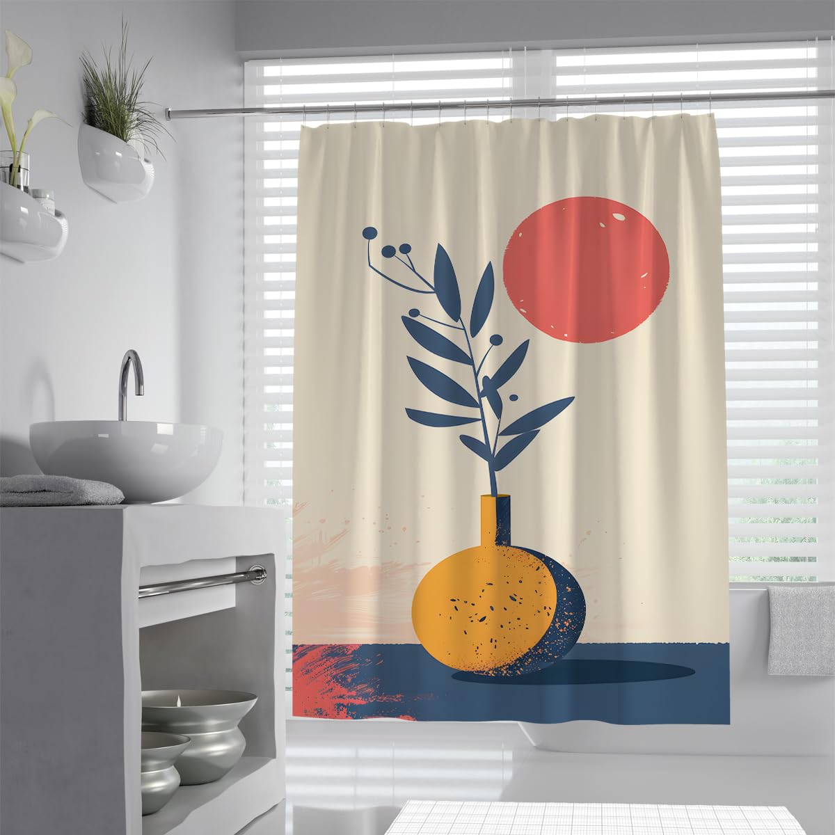 UIRINGART Botanical Shower Curtains W100xL200cm Abstract Ceramic Vase Plant Leaf Red Sun Blue Ground Print Mildew Mould Resistant Polyester Fabric Bathroom Curtain