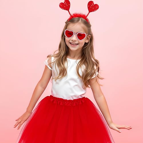 Miniatura 7 de Jmkcoz Conjunto de tutú para el día de San Valentín, diadema de corazón, lentes de sol, falda tutú de tul para mujeres y niñas, fiesta de cosplay de