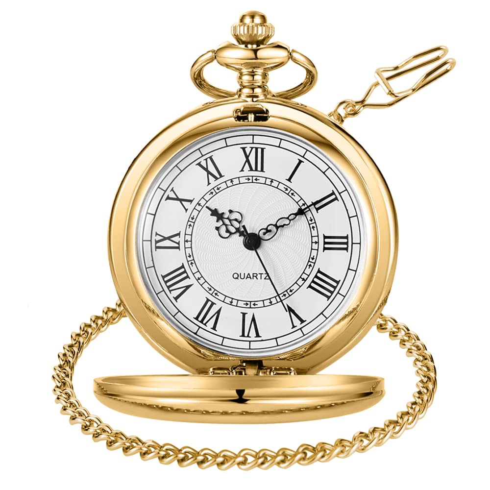 tasca, Classico orologio da tasca uomo e donna in acciaio liscio con catena numeri romani
