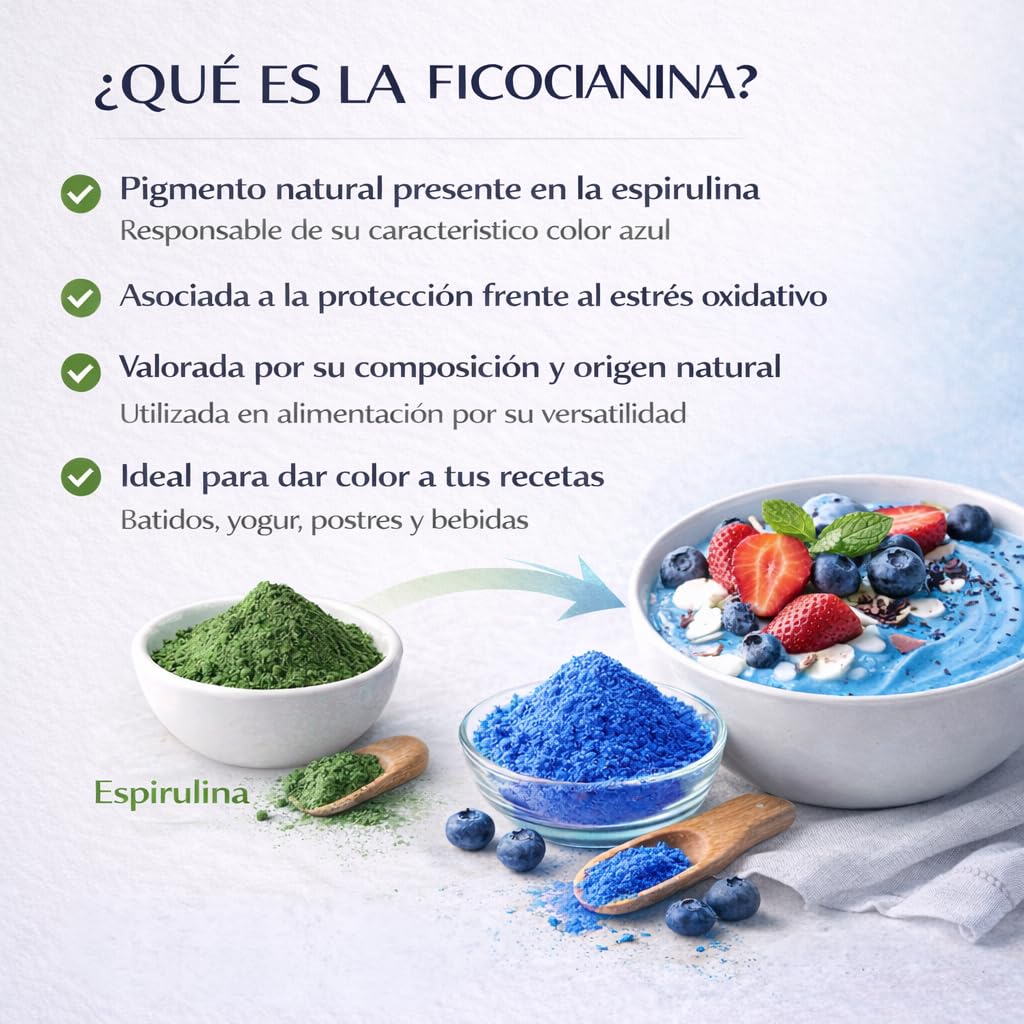 Espirulina Azul en Polvo 200g Ecológica Nadiprem (Ficocianina) | Blue Spirulina Orgánica | Colorante Alimentario Natural | Fácil Disolución para Batidos y Repostería