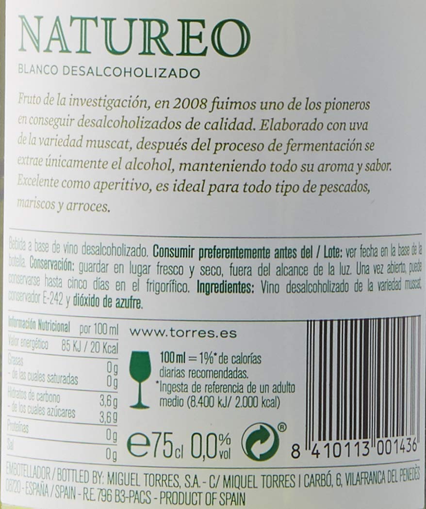 Natureo Muscat (Sin Alcohol), Vino Blanco Desalcoholizado - 6 botellas de 75 cl, Total: 4500 ml