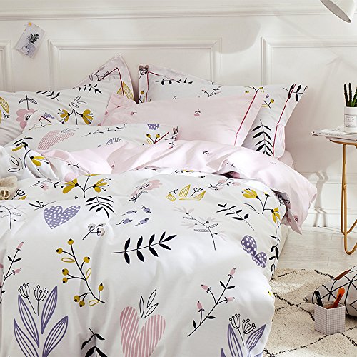 Floral Girl Duvet Cover Full Queen Chic Flower Print 100% Cotton Comforter Cover Kids Floral Bedding Sets Pink White Flower Leaf Duvet Cover For Boy Teen Adult Cotton Floral Bedding Duvet Cover Set #TOP7