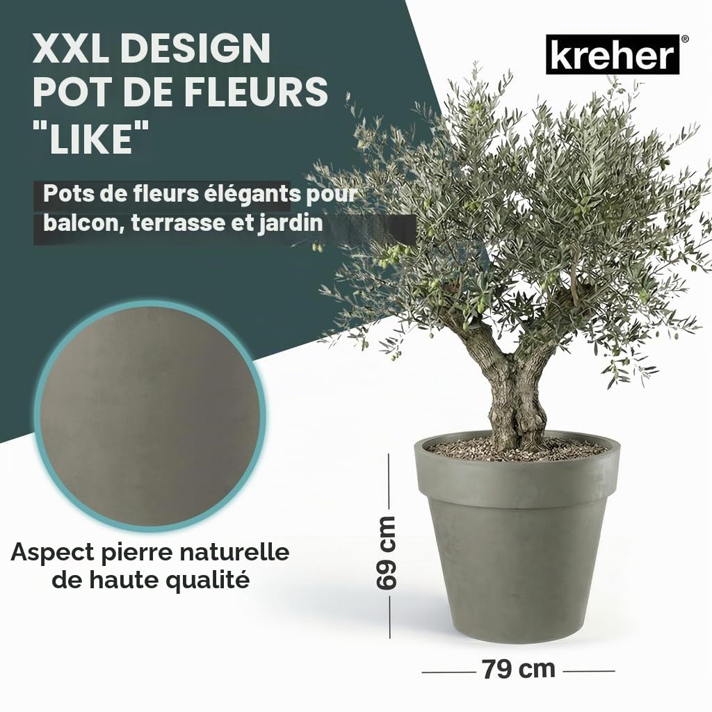 Kreher Pot de fleurs XXL avec roulettes, diamètre 79 et 58 cm, anthracite et blanc. Pot de fleurs robuste, grand pot de fleurs pour fleurs, arbres, extérieur et intérieur (marron, lot de 2)
