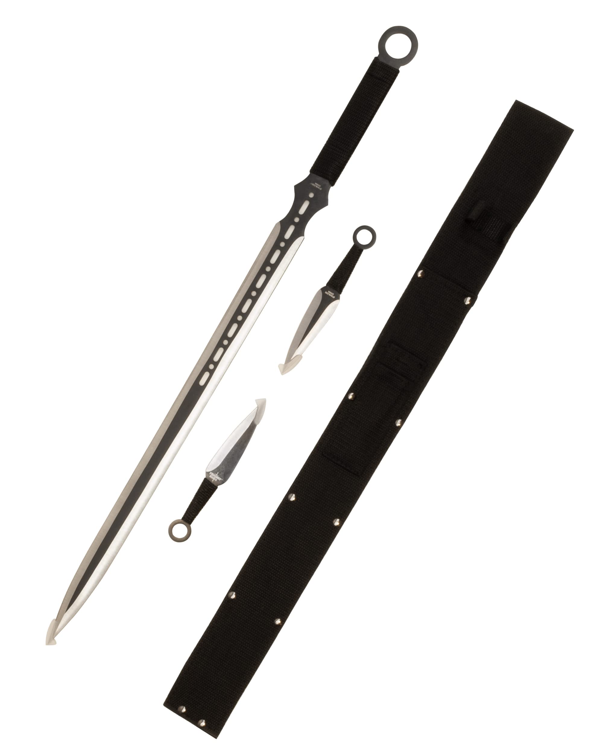 Machete scharf echt EIN Satz 1 Katana Ninja Schwert und 2 Wurfmesser scharf echt zum Training Metall Stahl Samurai Nur für Erwachsene 68 cm - 18 Jahre erforderlich FM-644D