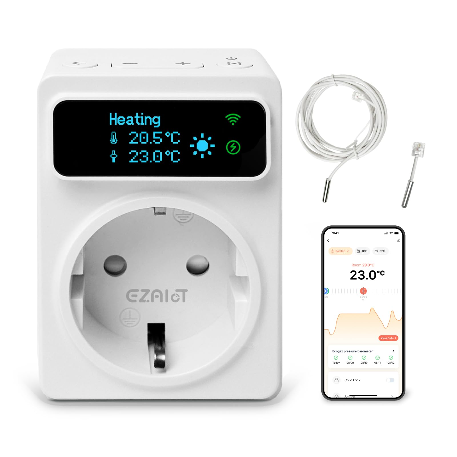 Steckdosen-Thermostat WLAN - Heizung/Kühlung und Zeitschaltuhr mit 3m und 5cm Fühler, Digitaler Temperaturregler für Gewächshäuser, Aquarien, 230V, OLED Bildschirm