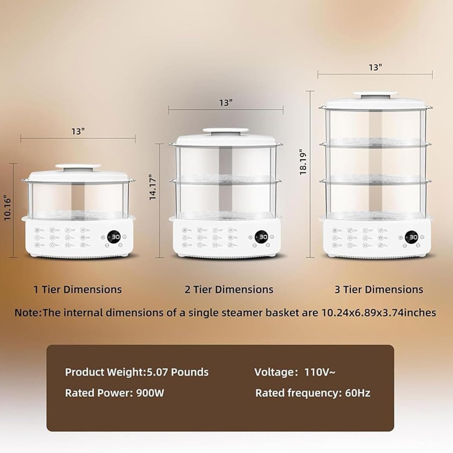 Vaporiera Multistrato da 900 W 12 L, 12 modalità di Cottura, Programmazione 24 Ore su 24, Pannello Touch e Produzione di Vapore 10 S