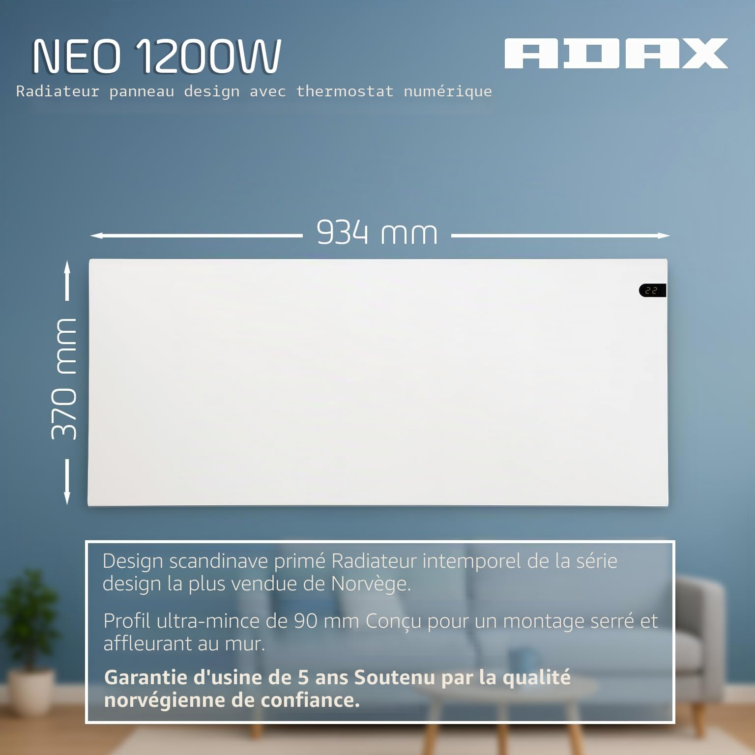 Adax Neo NP - Radiateur Electrique 1200W | Chauffage Electrique | Faible Consommation d'Energie | Chauffage d'appoint | Convecteur Electrique Mural avec Thermostat | Hauteur 370mm | KDT Blanc