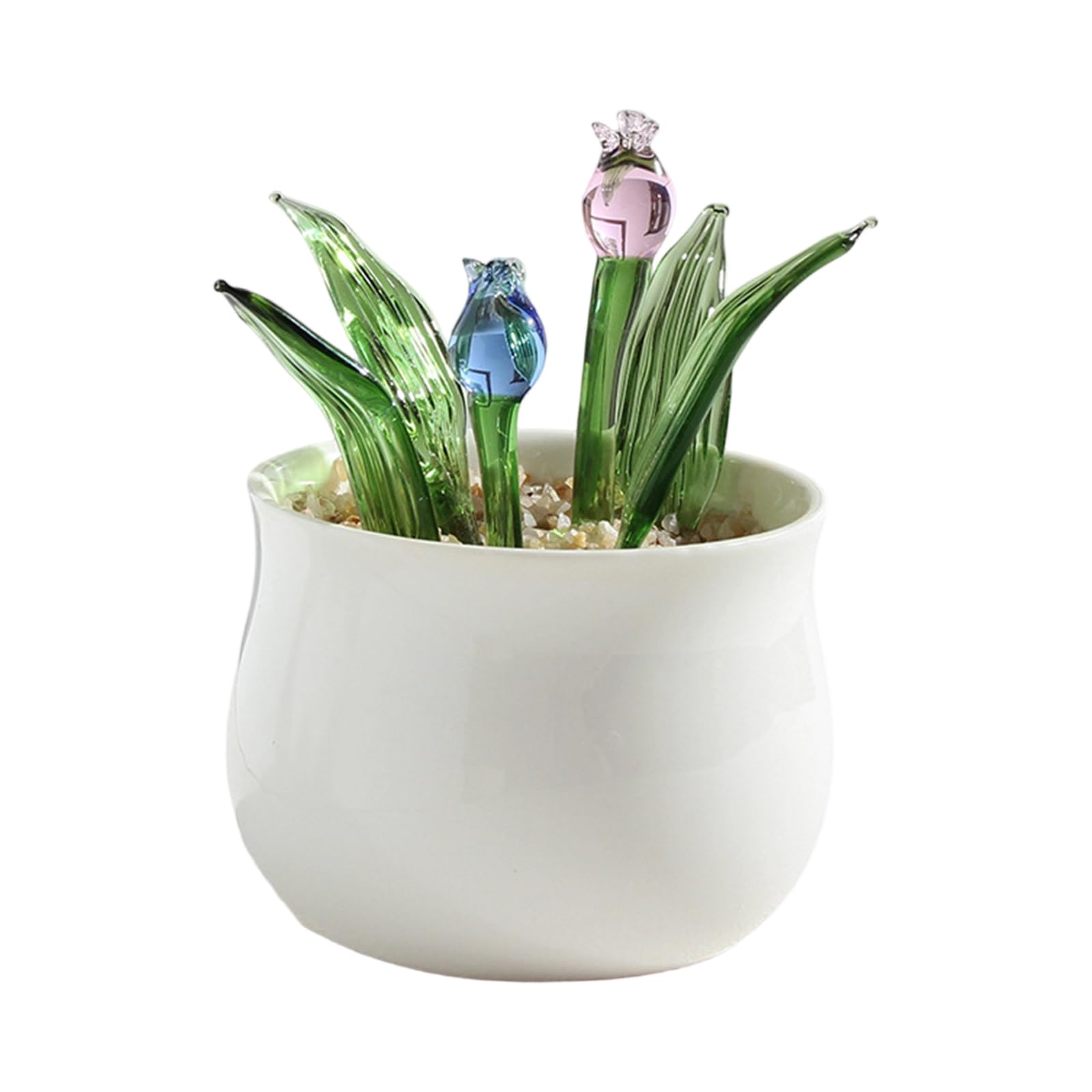 TFAOYS Delicate Glass Succulents Potted Plant Figurine Realistic Succulents in White Pots Design Desktop Shelf Decors Miniature Glass Potted Plant