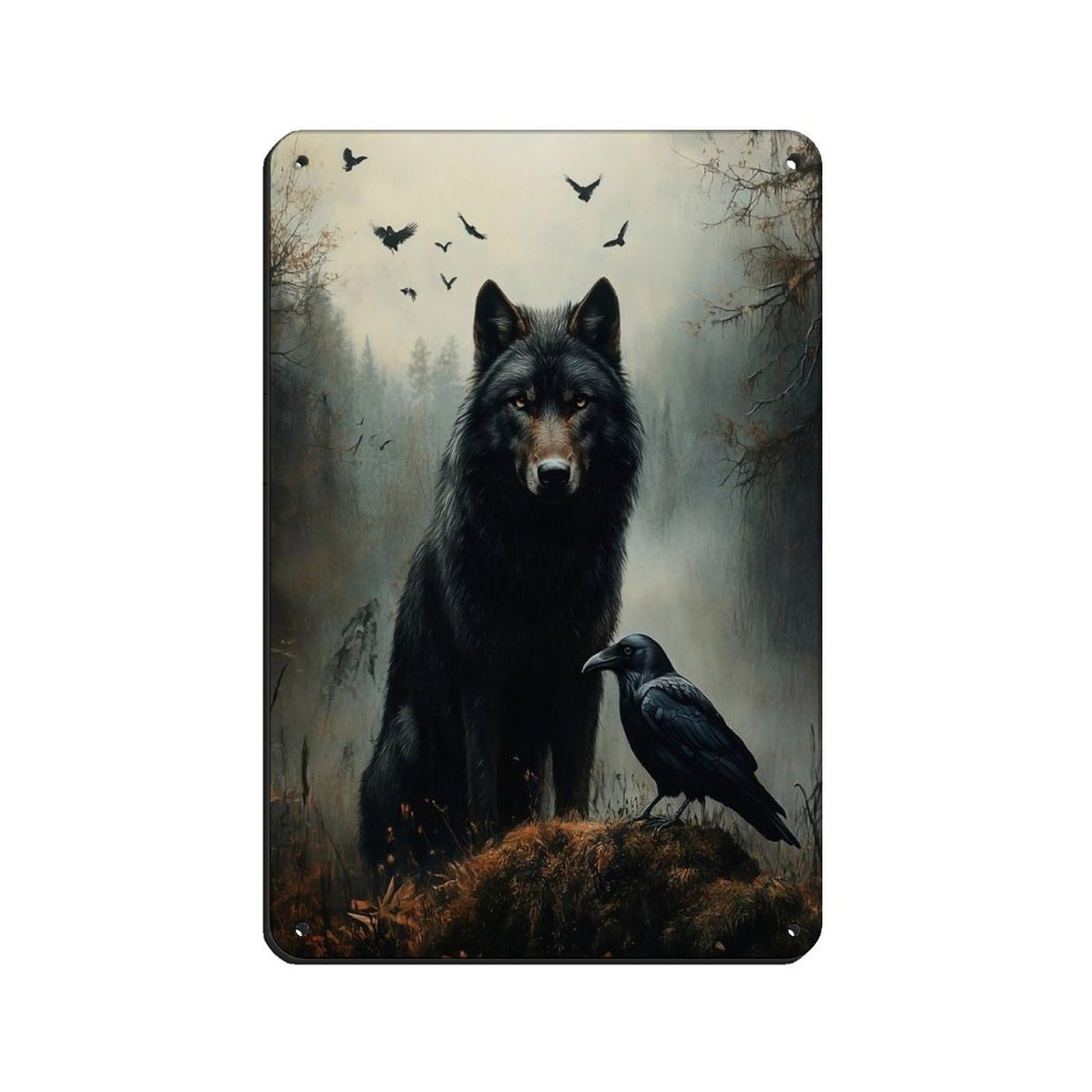 Wolf And Raven Art, Dark Gothic Fantasy Tin Sign Vintage Metal Pub Club Cafe Bar Home Wall Art Decoration Poster Retro 8x12inch(20x30cm)