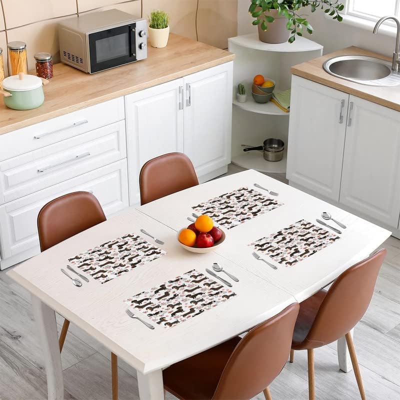 Miniatura 3 de Juego de 4 manteles individuales de tela lavable con diseño de perro salchicha con diseño de flores botánicas, manteles individuales de tela