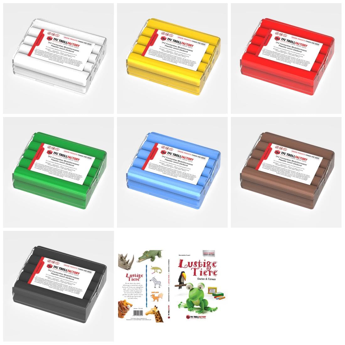 TFC Troll Factory Pasta modellabile, 7 x 500 g, multicolore con libro: il mio libro di plastilina, set di plastilina per figure, sculture, rilievi, fai da te, libro con istruzioni (lingua italiana non
