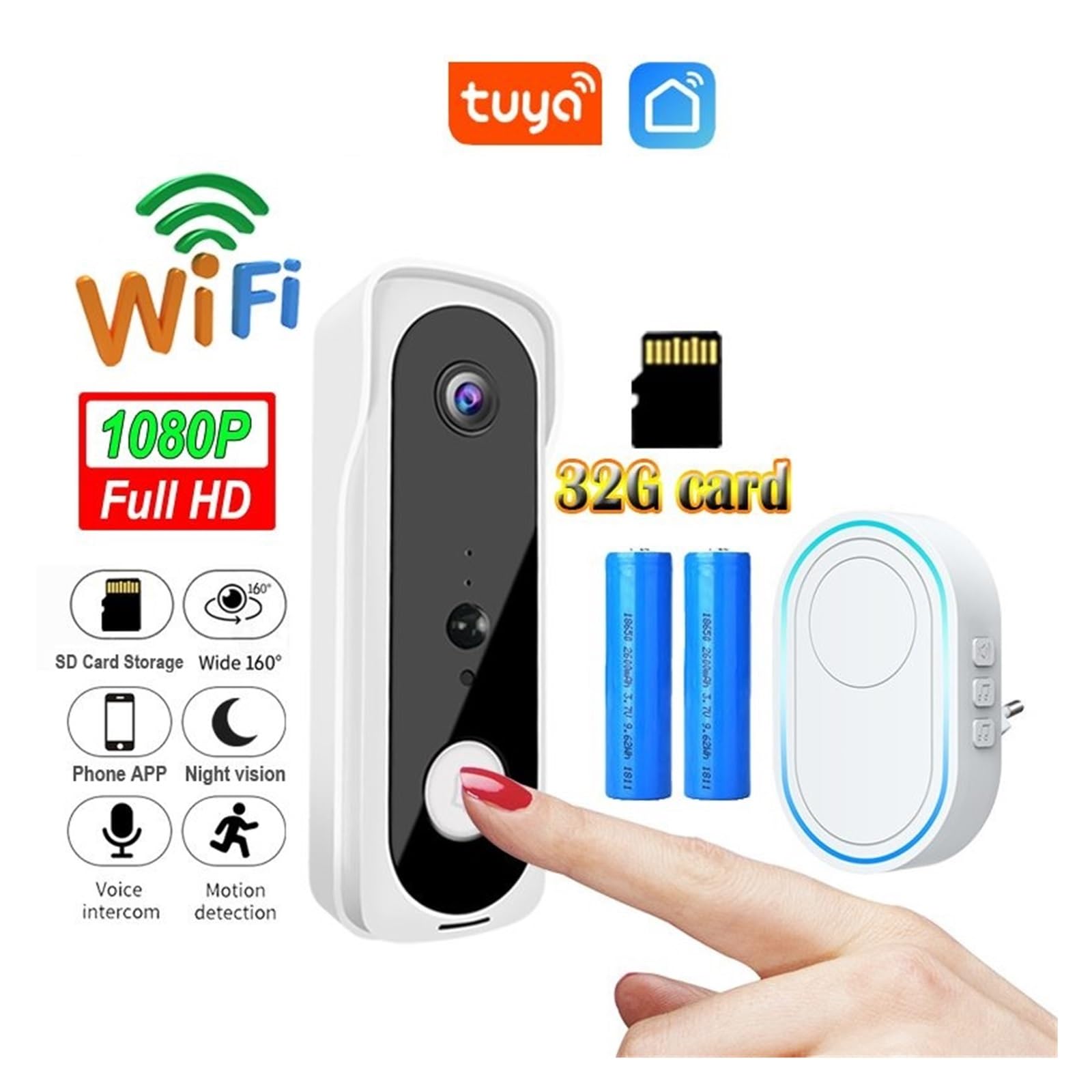 Tuya WiFi wideodomofon bezprzewodowy dzwonek do drzwi 1080P HD 2MP inteligentna kamera bezpieczeństwa aplikacja domofon noktowizor (Color : C)