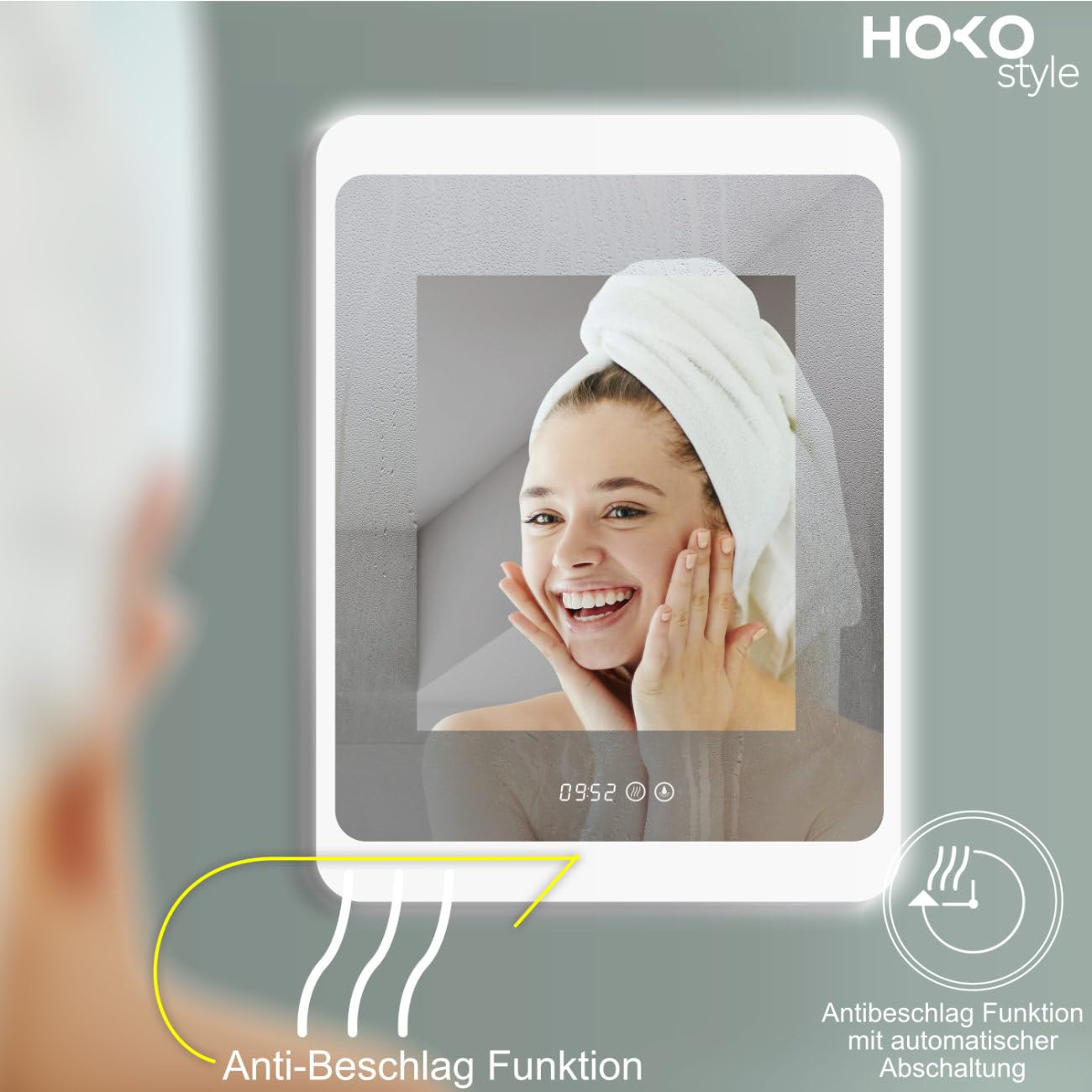 HOKO® Specchio-Bagno-con-Luce 60x80cm con Antiappannamento e Riscaldamento dello Specchio+Orologio Digitale. Interruttore Tattile+Luce LED Variabile Caldo-Freddo-Neutro 2700-6500k