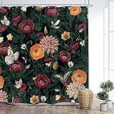 Glawry Vintage Floral Gothic Shower Curtain Unique Rustic Butterfly Black Red Dark Rose Leaves Color