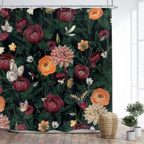 Glawry Vintage Floral Gothic Shower Curtain Unique Rustic Butterfly Black Red Dark Rose Leaves Colorful Flower Bathroom Curtain Botanical Rural 72Wx72L Inches Bath Accessories Art Home Decor Fabric #TOP18