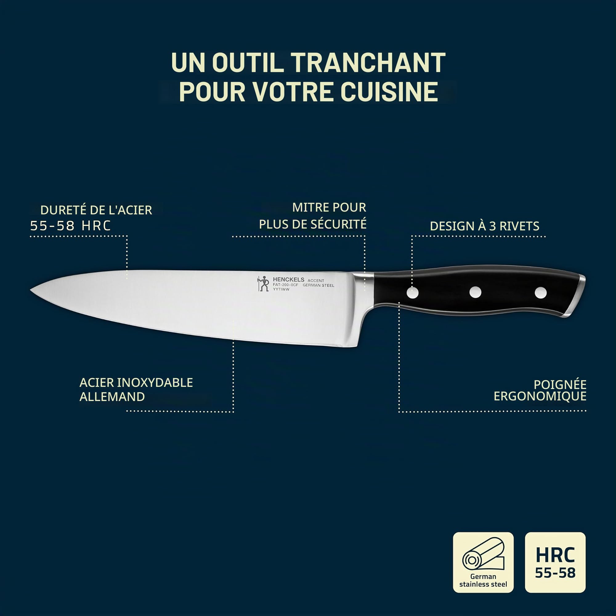 HENCKELS by ZWILLING Accent Set de couteaux 3 pièces, couteau d'office, couteau à viande et couteau de cuisine, noir avec rivets