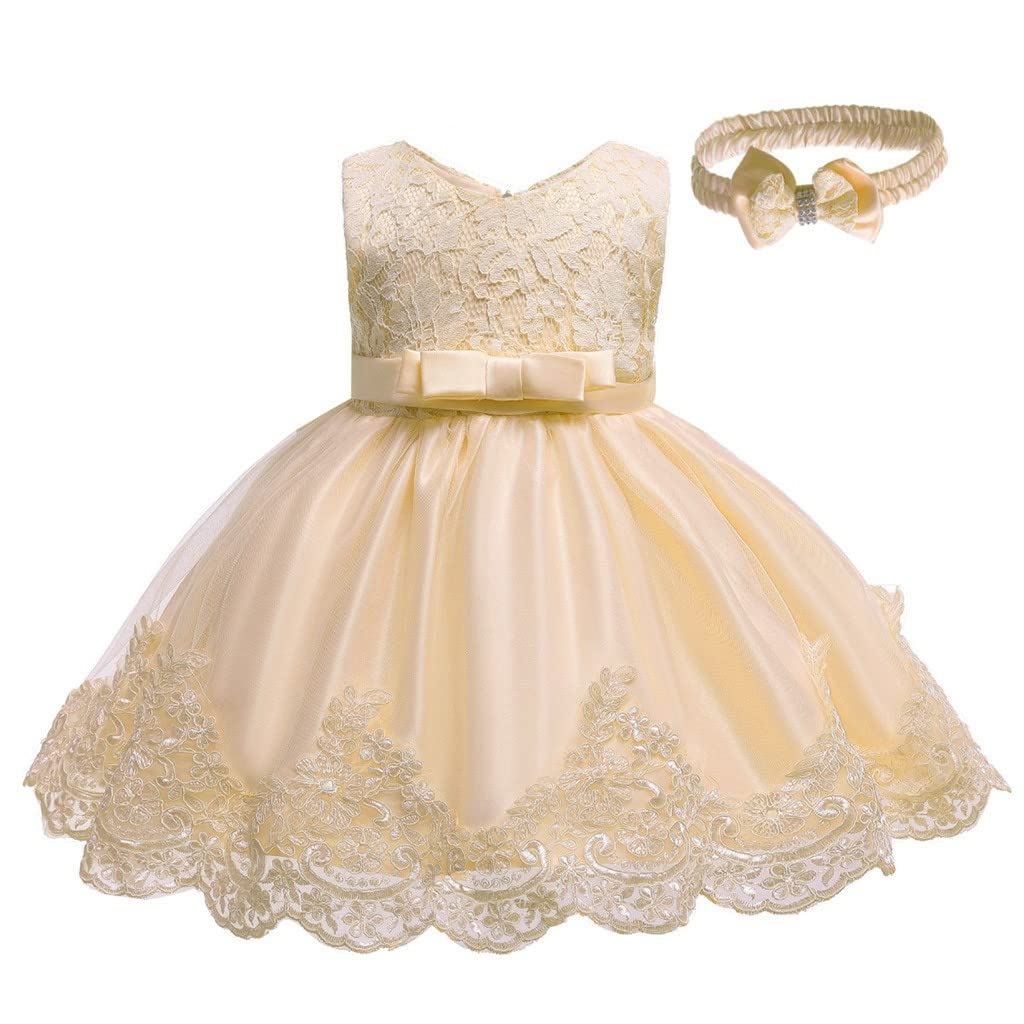 Générique Robe Demoiselle d'honneur avec Bandeau pour Bebe Fille, Robe en Dentelle pour Ceremonie Mariage, Taille 3-24 Mois