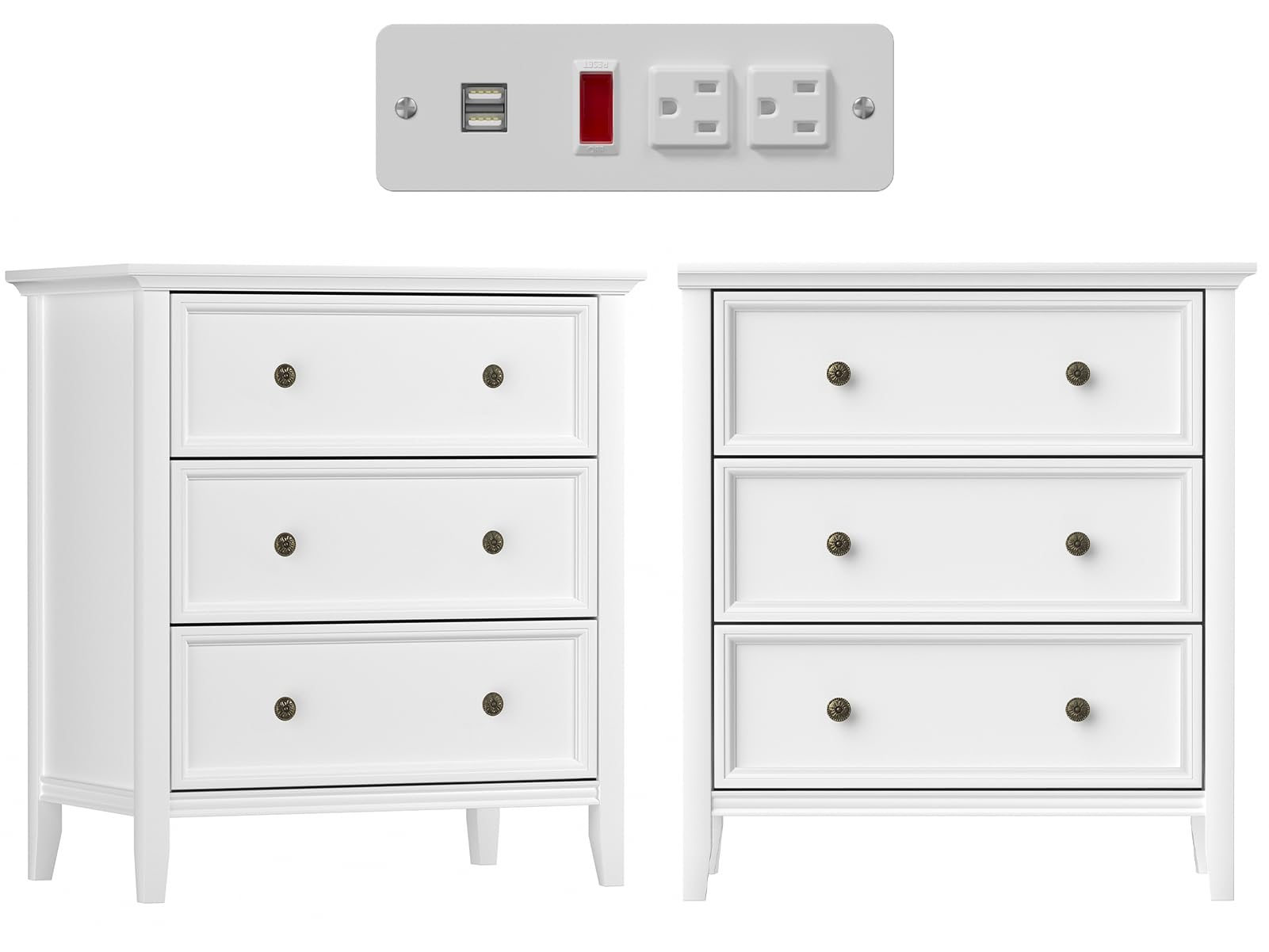 solid wood nightstand with 3 drawers and power outlet white