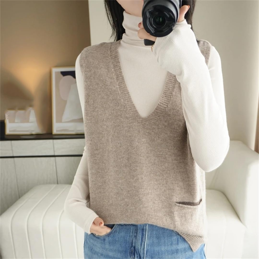 Damen Merino Wolle Weste Ärmellos Strickweste Loose Pocket Vest