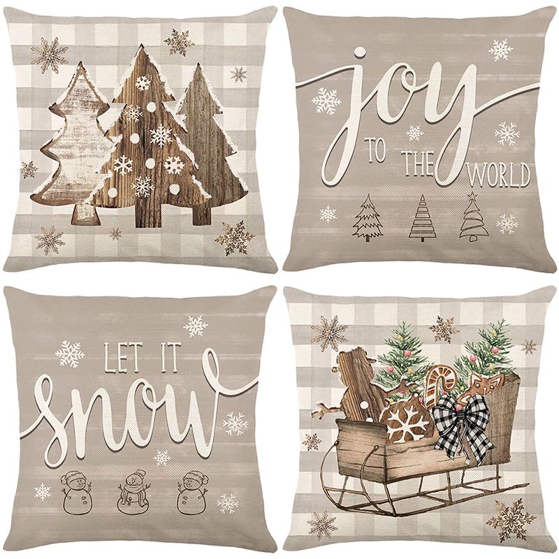 Housse coussin 60x60 Noël gris en coton lin lavable pour le canapé