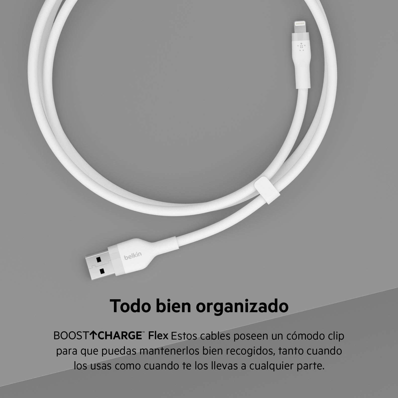 Belkin Cable de silicona USB-A a Lightning de 2 m BoostCharge Flex, Cable de Carga con Certificación MFi para iPhone 14/14 Plus, 13, 12, Pro, Max, Mini, SE, iPad y Otros, Blanco