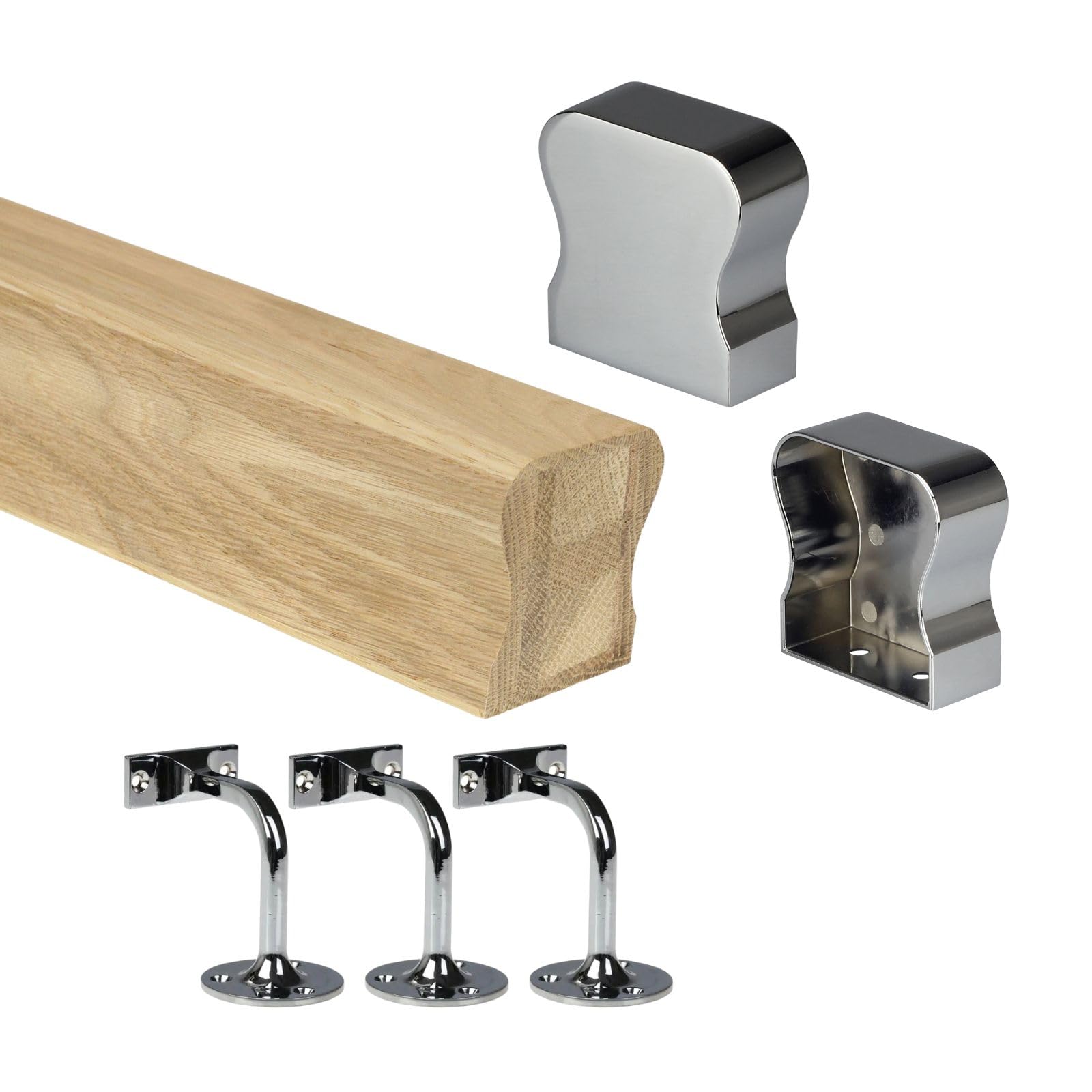 Oak HR Wall Mounted Handrail Kit Oak Handrail with End Caps & Wall Brackets - Chrome, Black, Nickel - 1800mm 2400mm 3600mm 4200mm Lengths (Chrome, 1800mm)