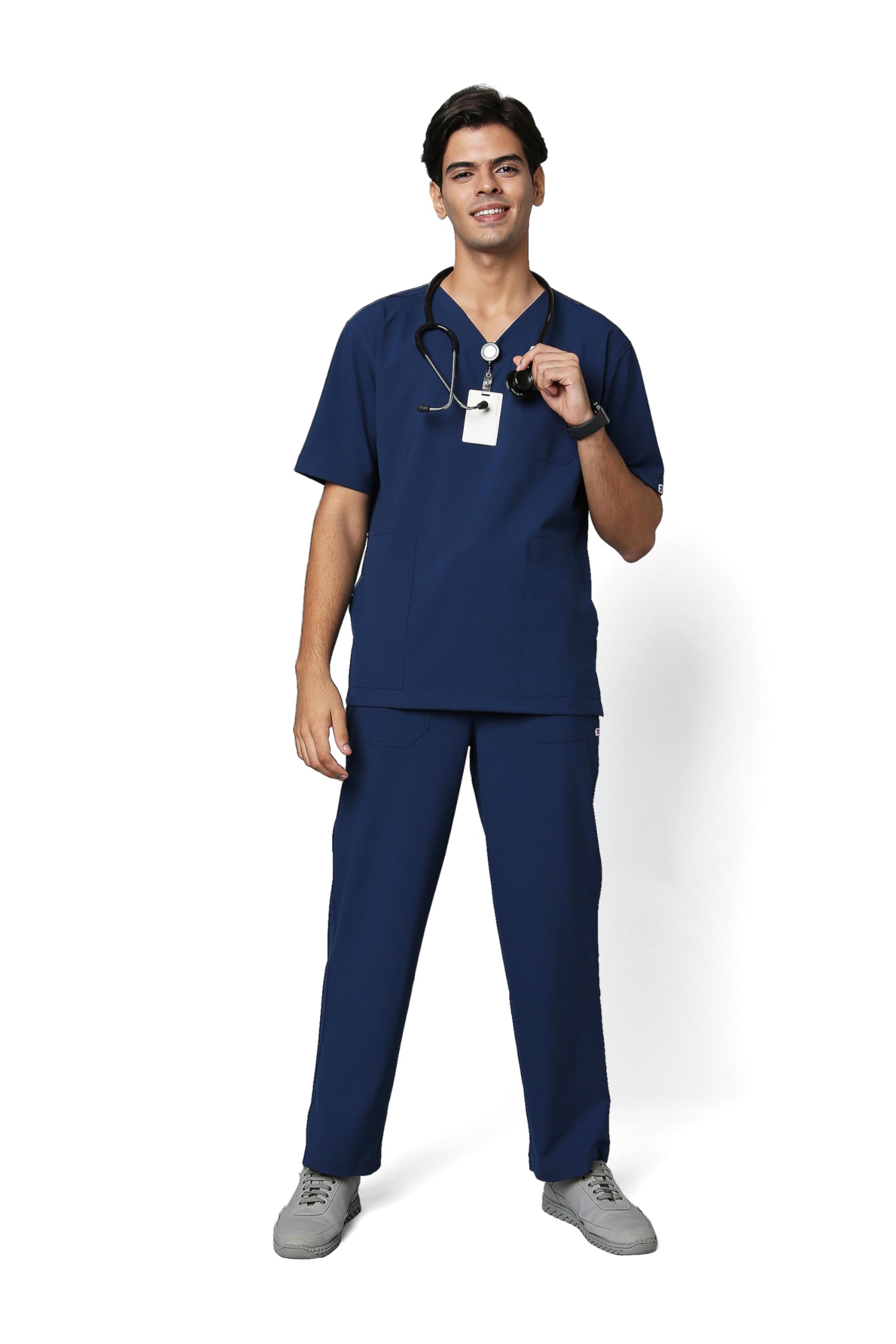 KNYA Ecoflex Men's 5 Pocket Active Scrub Suit | Athleisure wear | Modern V neck | For Doctors (M, NAVY BLUE)-image-38