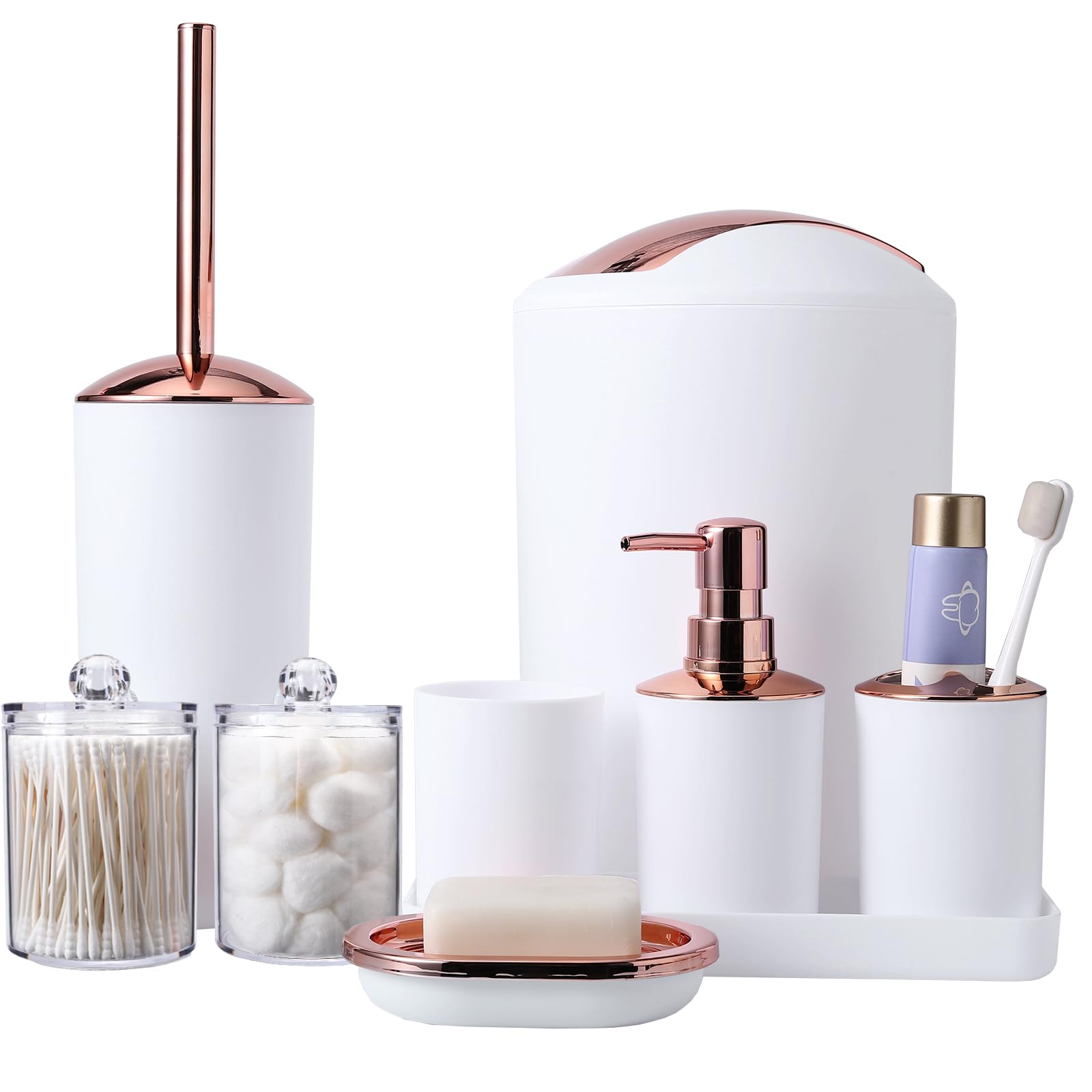 Bathroom Accessories Set White 9 Piece, Trash Can, Soap Dispenser and Dish, Toilet Brush, Toothbrush Holder, Tumbler, Tray, Cotton Swab Container, Countertop Organizer and Housewarming Gift
