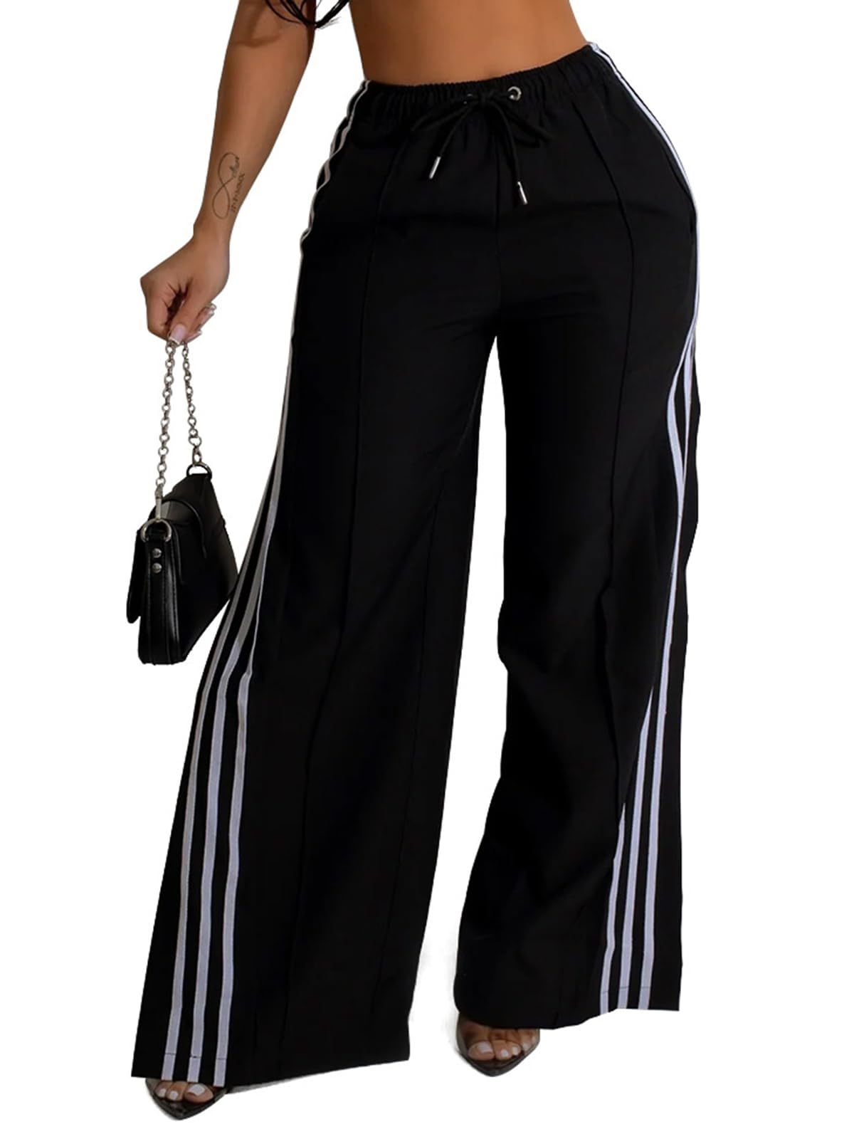 Alunzoem Womens Wide Leg Pants High Waist Striped Side Slit Stretch Casual Loose Drawstring Pant Trousers
