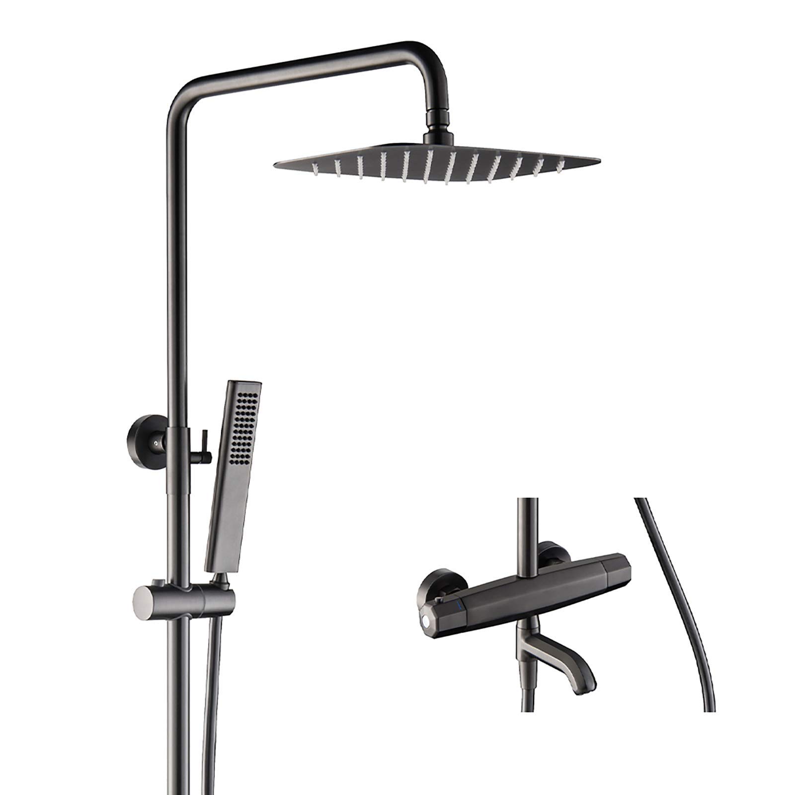 QUSYZD Thermostatic Shower Combo Set Wall Mounted Black Bathroom Shower Faucet Set with Rainfall Shower Head, Handheld Shower, Tub Spout,
